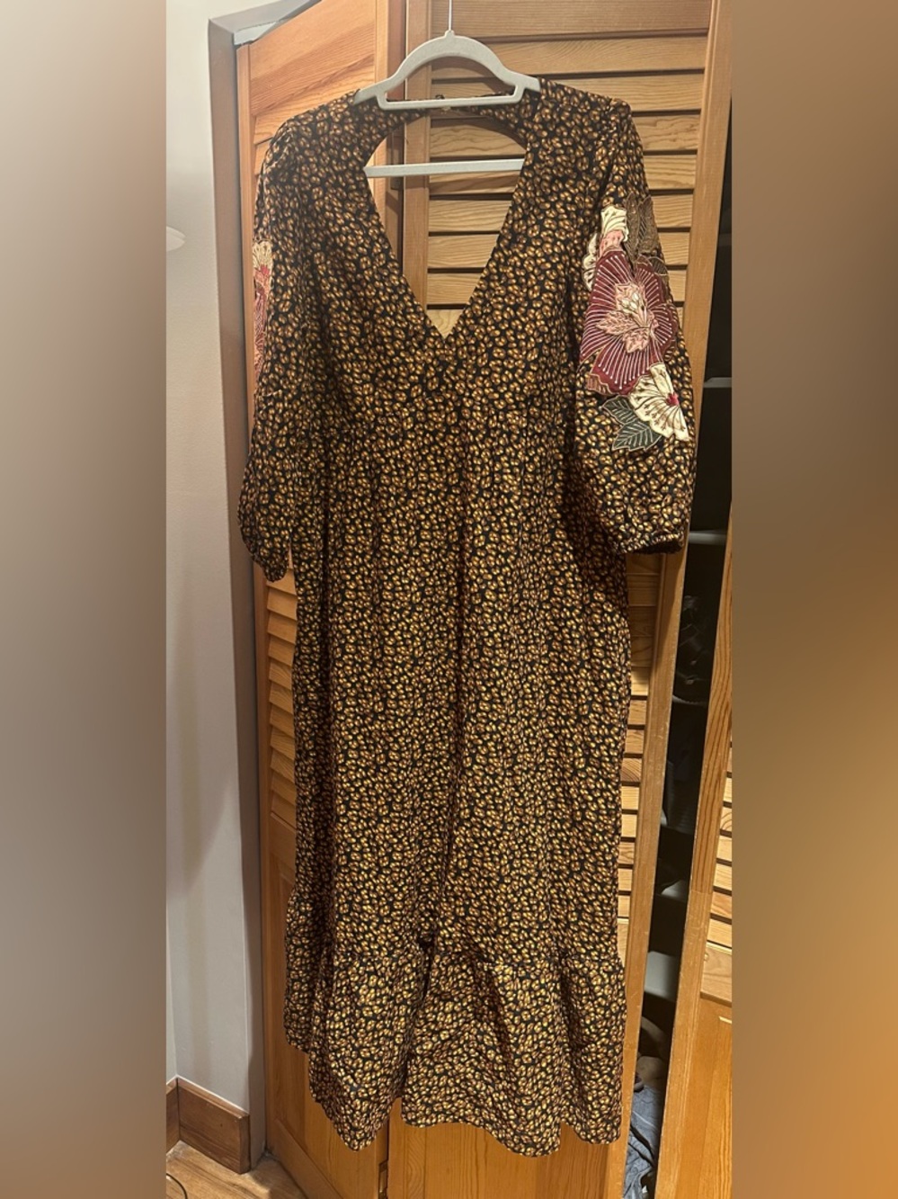 Boho cheetah and floral open back farm Rio/Anthropologie dress